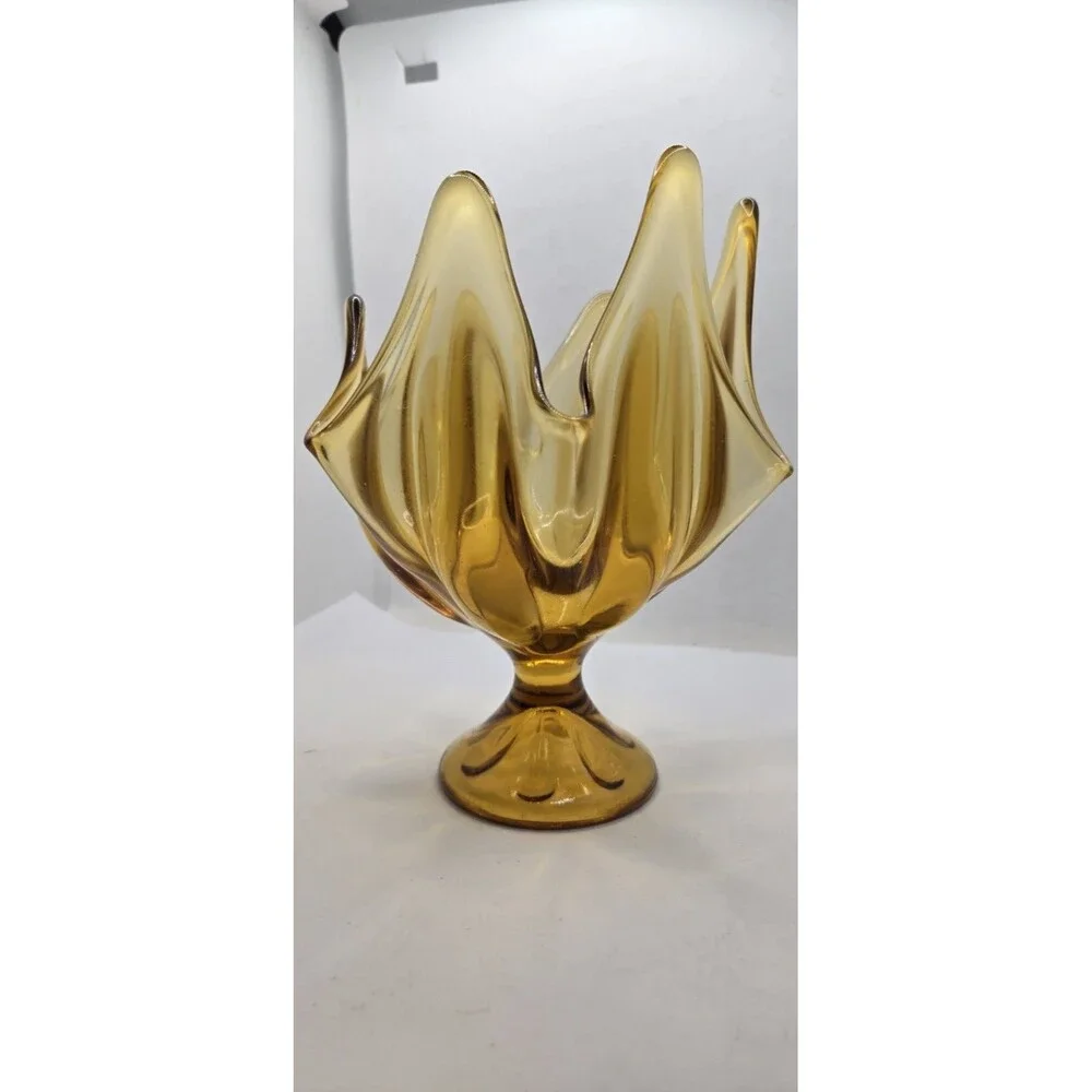 Vintage VIKING Epic Six Petal Amber-Gold Handkerchief Swung Glass Pedestal Vase